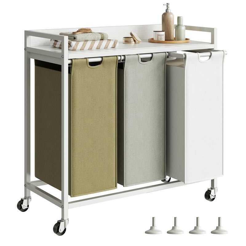 Herture Laundry Hampers with Shelf, Laundry Basket 3 Section, Laundry Sorter with Pull-Out Removable Large 3 Color Bags and Movable Wheels, Metal Frame, 3 x 15.87 Gallons (60L), White PF04XLE - Image 1