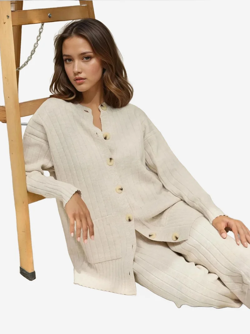 HICCUP Textured Knit Co-Ord Set with Button Detail