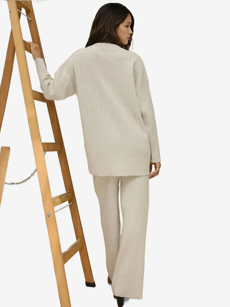 HICCUP Beige Natural Textured Knit Co-Ord Set with Button Detail for Women | Best Price UAE
