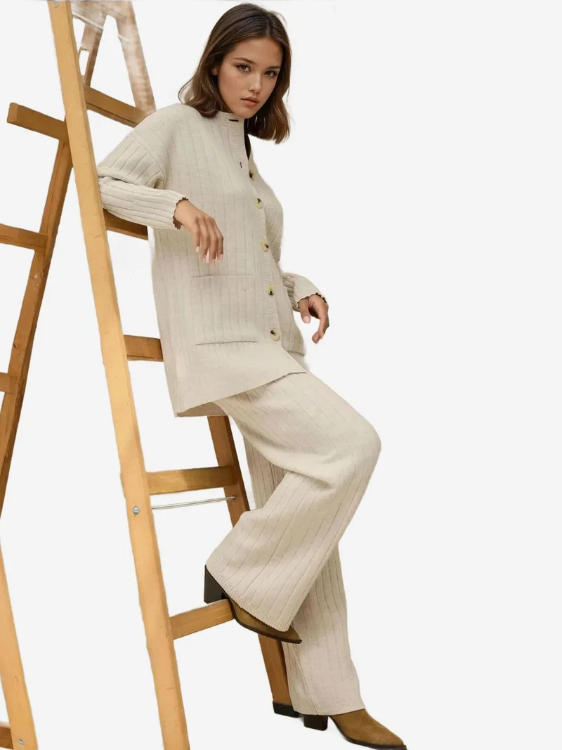 HICCUP Beige Natural Textured Knit Co-Ord Set with Button Detail for Women | Best Price UAE