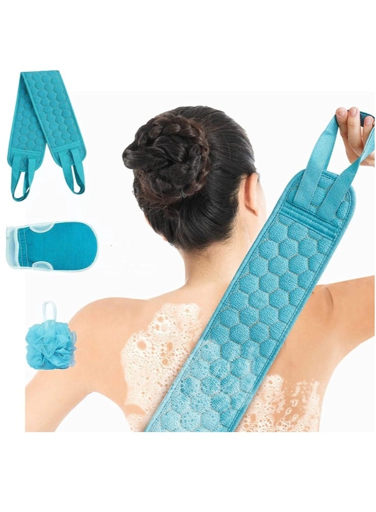 3 Pcs Exfoliating Back Scrubber and Exfoliating Glove and Shower Loofah Set, Body Scrub Portable Shower Towel, Adult Washing and Cleaning Exfoliating Towel (Blue) - Image 1