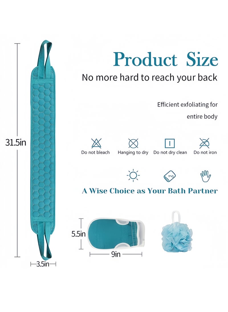 3 Pcs Exfoliating Back Scrubber and Exfoliating Glove and Shower Loofah Set, Body Scrub Portable Shower Towel, Adult Washing and Cleaning Exfoliating Towel (Blue) - Image 3