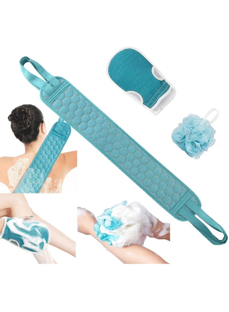 3 Pcs Exfoliating Back Scrubber and Exfoliating Glove and Shower Loofah Set, Body Scrub Portable Shower Towel, Adult Washing and Cleaning Exfoliating Towel (Blue) - Image 1