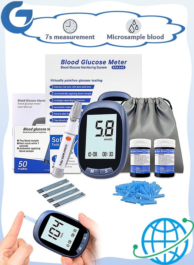 أولو طقم مراقبة نسبة الجلوكوز في الدم مع 50 شريطا لاختبار سكر الدم ، و 50 إبرة وخز ، و 50 وسادة كحول ، و 1 جهاز قياس جلوكوز الدم ، و 1 جهاز وخز ، بدون ترميز لاختبار مرض السكري - Image 1