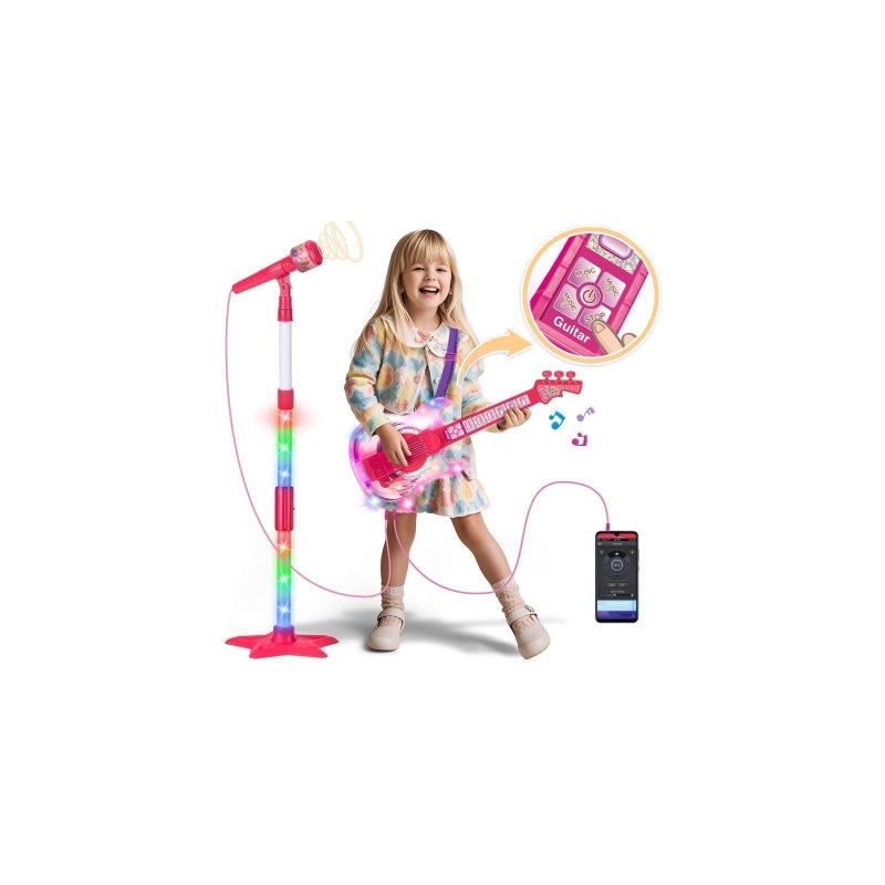 MOEAWS Kids Guitar and Microphone Set Microphone with Stand and Color Light Toy Guitar with Strap and Adjustable Volume Toddler Musical Instrument for 59 Kids Karaoke Machine for Boy Girls Pink - Image 3