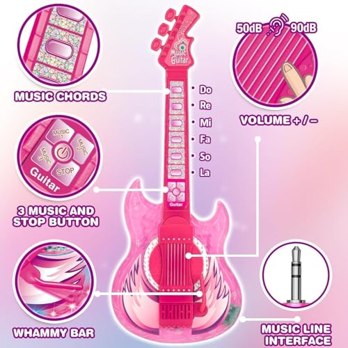 MOEAWS Kids Guitar and Microphone Set Microphone with Stand and Color Light Toy Guitar with Strap and Adjustable Volume Toddler Musical Instrument for 59 Kids Karaoke Machine for Boy Girls Pink - Image 5