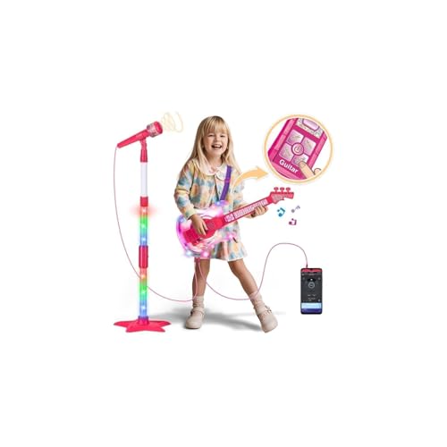 MOEAWS Kids Guitar and Microphone Set Microphone with Stand and Color Light Toy Guitar with Strap and Adjustable Volume Toddler Musical Instrument for 59 Kids Karaoke Machine for Boy Girls Pink - Image 1