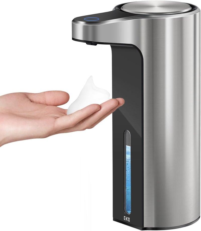 EKO Automatic Foaming Soap Dispenser, Touchless Foam Hand Soap Dispenser for Bathroom and Kitchen, Water-Resistant and Rechargeable, 9 fl oz, Modern Design for Homes and Offices (Stainless) - Image 1