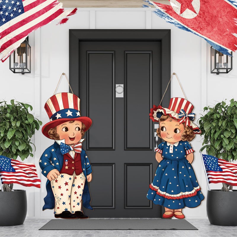 Shellwei 2 Pcs 4th of July Hanging Sign Wooden Patriotic Front Door Decorations Memorial Day Hanging Decorations for Independence Day 250th Anniversary Home Front Porch Wall Indoor Outdoor Door Hanger - Image 1
