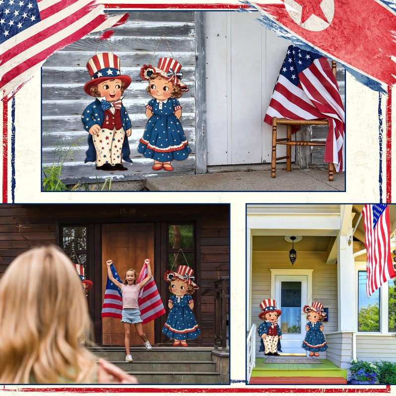 Shellwei 2 Pcs 4th of July Hanging Sign Wooden Patriotic Front Door Decorations Memorial Day Hanging Decorations for Independence Day 250th Anniversary Home Front Porch Wall Indoor Outdoor Door Hanger - Image 5