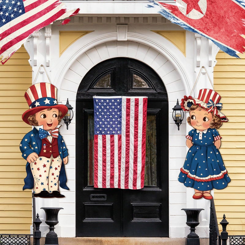 Shellwei 2 Pcs 4th of July Hanging Sign Wooden Patriotic Front Door Decorations Memorial Day Hanging Decorations for Independence Day 250th Anniversary Home Front Porch Wall Indoor Outdoor Door Hanger - Image 3