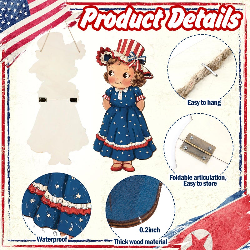 Shellwei 2 Pcs 4th of July Hanging Sign Wooden Patriotic Front Door Decorations Memorial Day Hanging Decorations for Independence Day 250th Anniversary Home Front Porch Wall Indoor Outdoor Door Hanger - Image 4