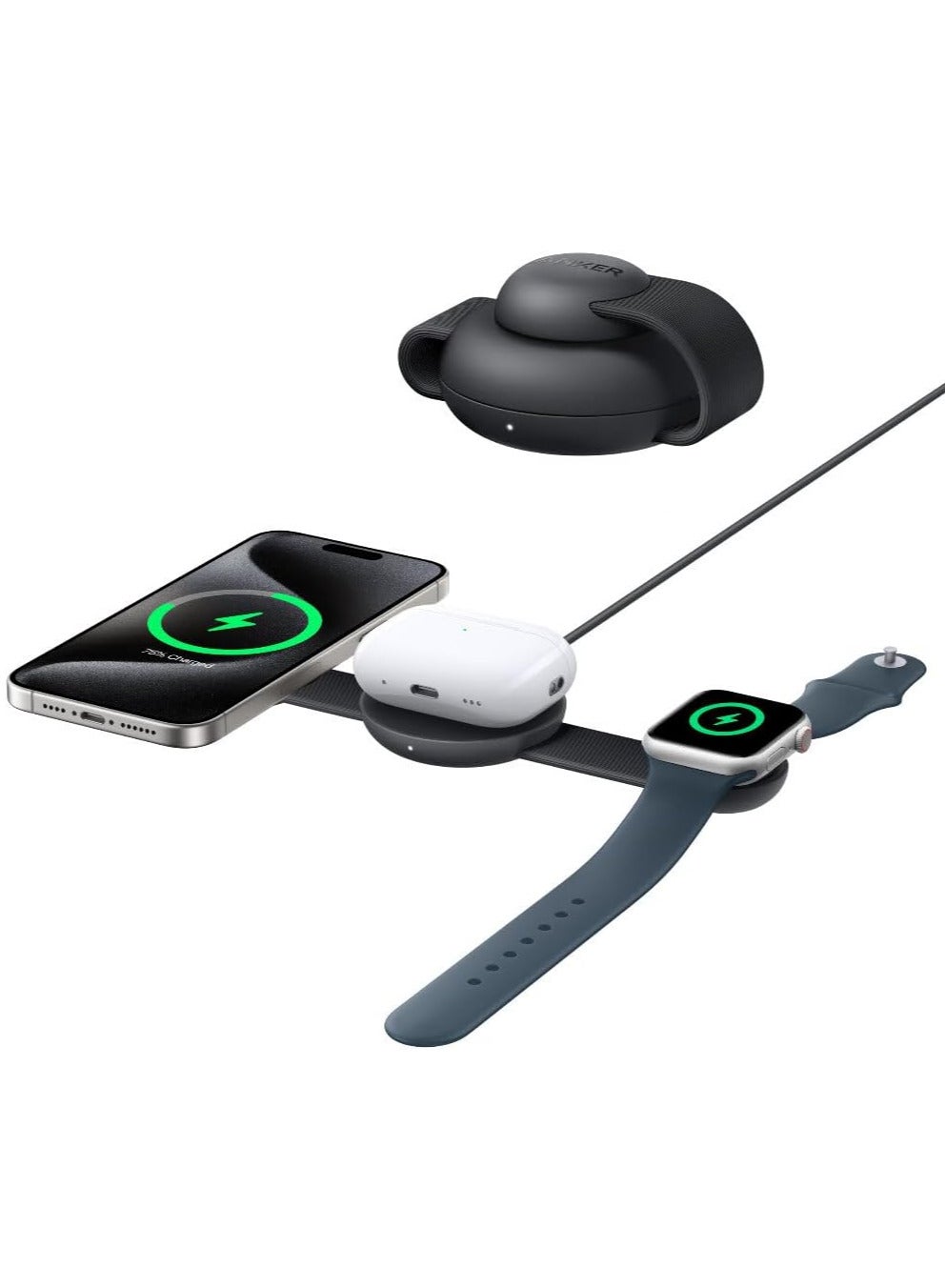 Anker MagSafe Compatible 3-in-1 Wireless Charging Station, Qi2 Certified MagGo 15W Charger, Foldable Travel Charging Pad for iPhone 15/14/13/12, AirPods, Apple Watch -