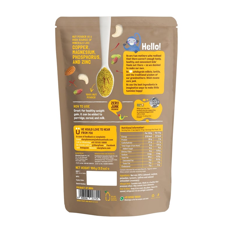 Slurrp Farm Nut Powder for Kids | Almond, Cashew, Pistachio with Saffron & Turmeric | No Added Sugar | Nutrient-Rich Mix for Cereal, Milk or Porridge | 3.52 Oz (100g) - Image 2
