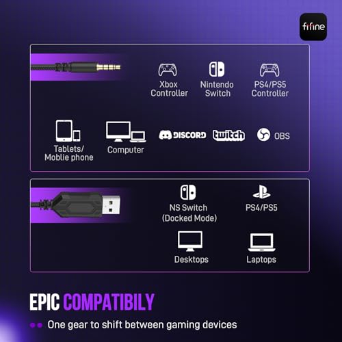 FIFINE Gaming Headset for PC, USB Streaming Headset with 3.5mm Headphones Jack, Detachable Microphone, 7.1 Surround Sound for PS4 PS5, Over-Ear Black Headphone-H9 - Image 4
