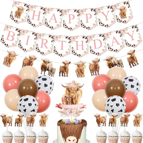 Funmemoir Highland Cow Birthday Decorations Girl Boho Retro Floral Party Supplies Happy Birthday Banner Cattle Garland Cake Toppers Balloons for Farm Animal Holy Cow Party Decor - Image 1