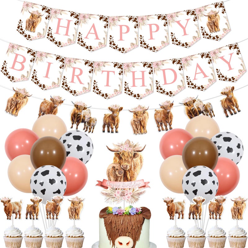 Funmemoir Highland Cow Birthday Decorations Girl Boho Retro Floral Party Supplies Happy Birthday Banner Cattle Garland Cake Toppers Balloons for Farm Animal Holy Cow Party Decor - Image 2