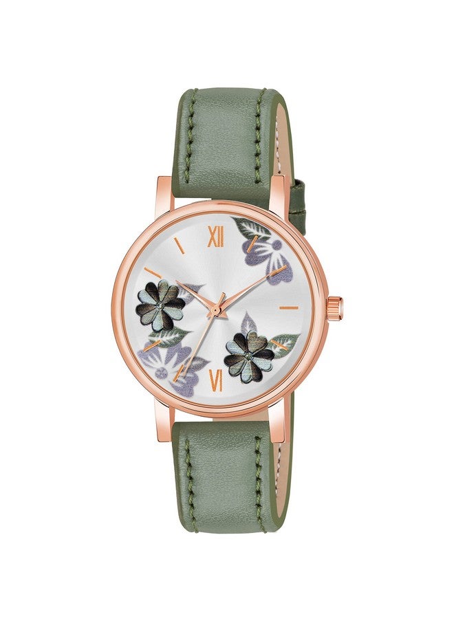 The Shopoholic Analog Flowered Dial Green Peach Colour Leather Strap Combo Watch for Womens and Girls Pack of 2 Watches - Image 3