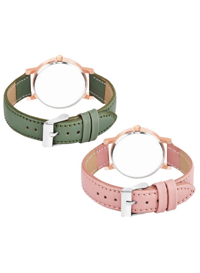 The Shopoholic Analog Flowered Dial Green Peach Colour Leather Strap Combo Watch for Womens and Girls Pack of 2 Watches - Image 2