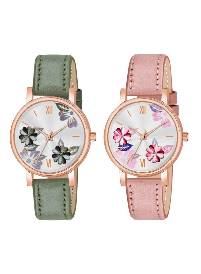 The Shopoholic Analog Flowered Dial Green Peach Colour Leather Strap Combo Watch for Womens and Girls Pack of 2 Watches - Image 1