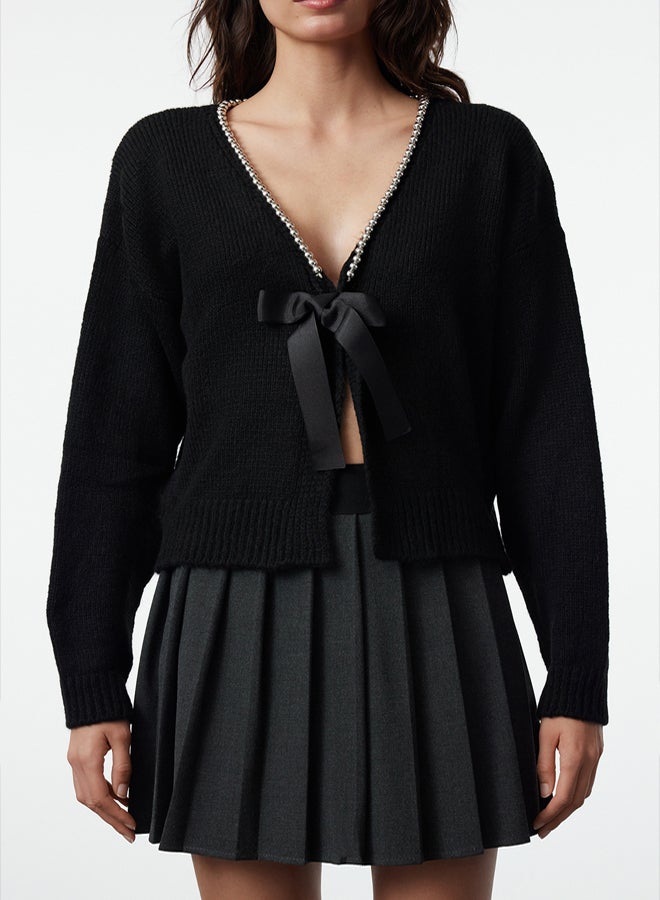 trendyol Soft Knitwear Cardigan  Ribbon and Bow Detail, Black - Image 4