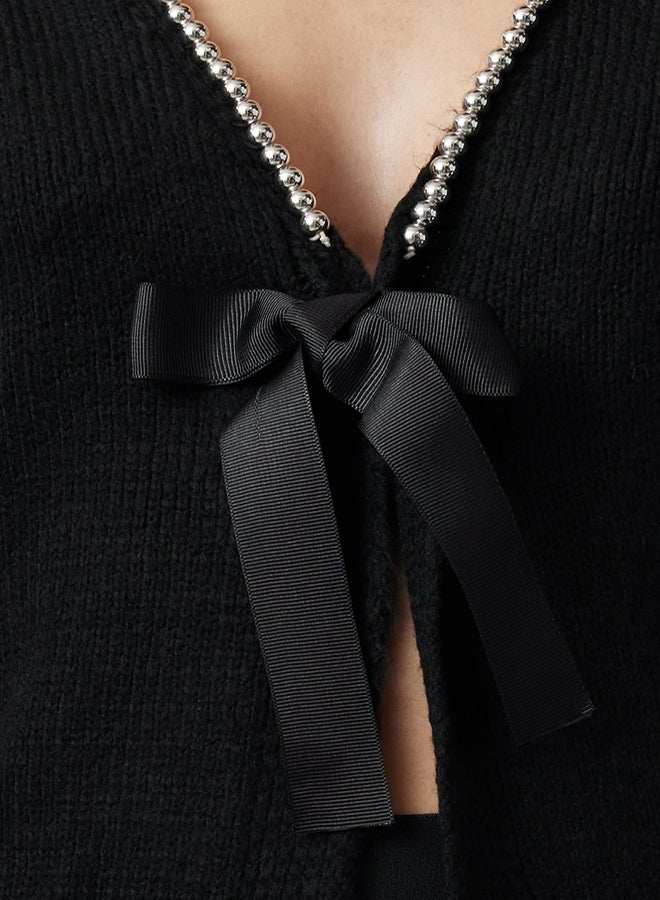 trendyol Soft Knitwear Cardigan  Ribbon and Bow Detail, Black - Image 3