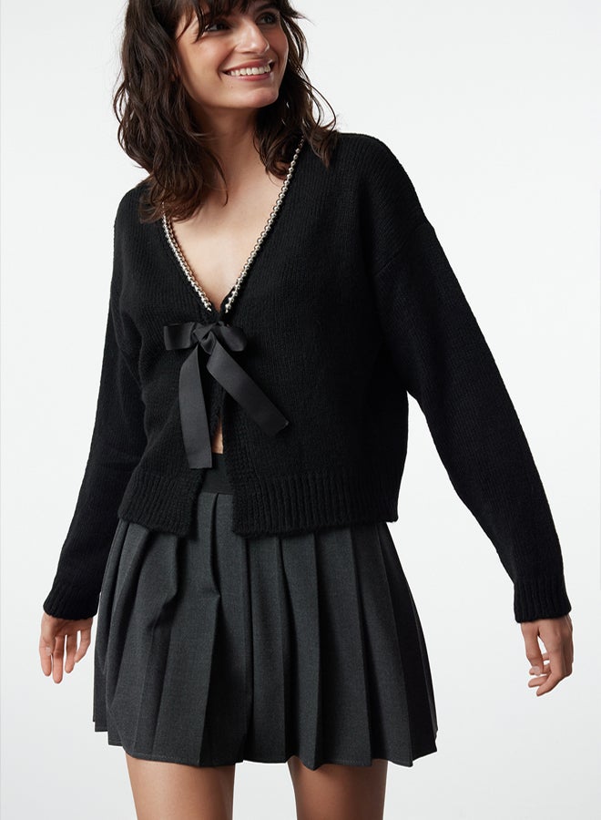 trendyol Soft Knitwear Cardigan  Ribbon and Bow Detail, Black - Image 2