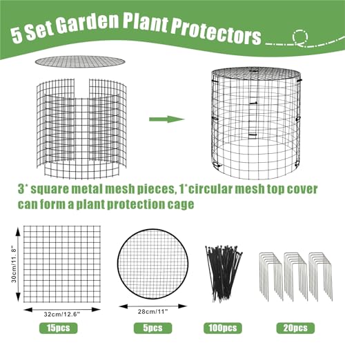 EXJEXJ 5 Packs Garden Plant Protectors from Animals,Metal Plant Cage Chicken Wire Cloche with Ground Stakes and Nylon Tie,Garden Plant Protectors for Flower Vegetable to Keep Animals Out-11.8"x 12.6" - Image 2