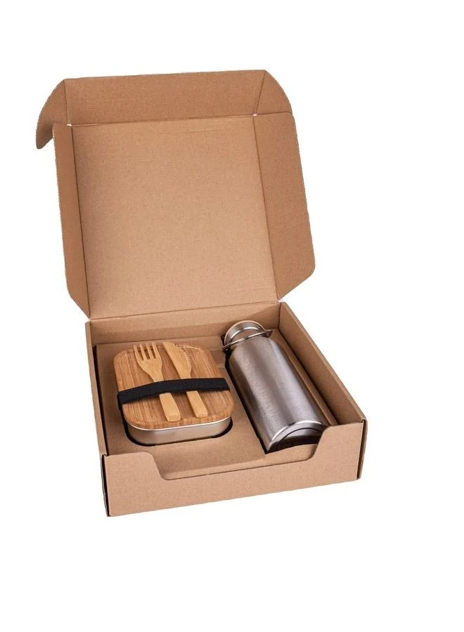 Hans Larsen Hans Larsen – lunch box and water bottle set | Stainless-steel tiffin container with wooden cap (700 ML) and 500 ML vacuum insulated water bottle + 2 cutlery.