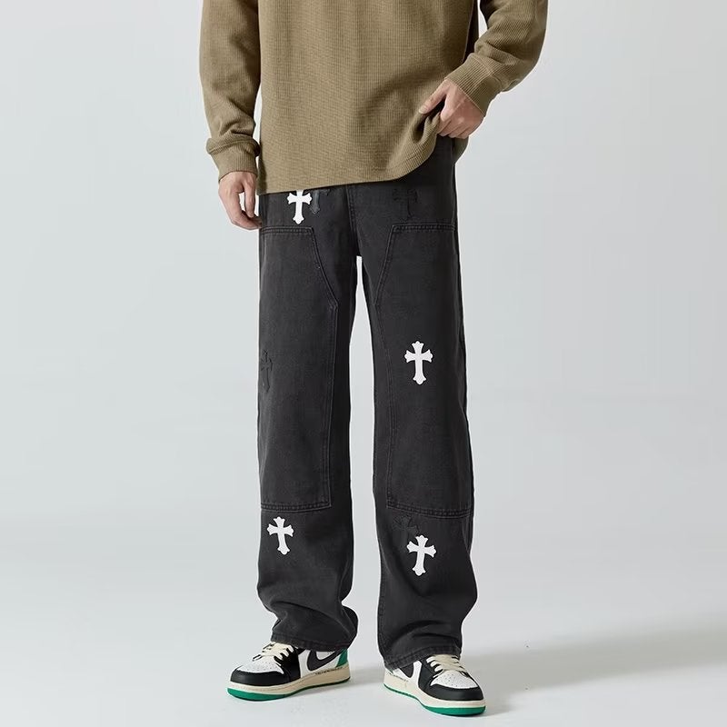 Cross Patched Loose Jeans for Men Black 