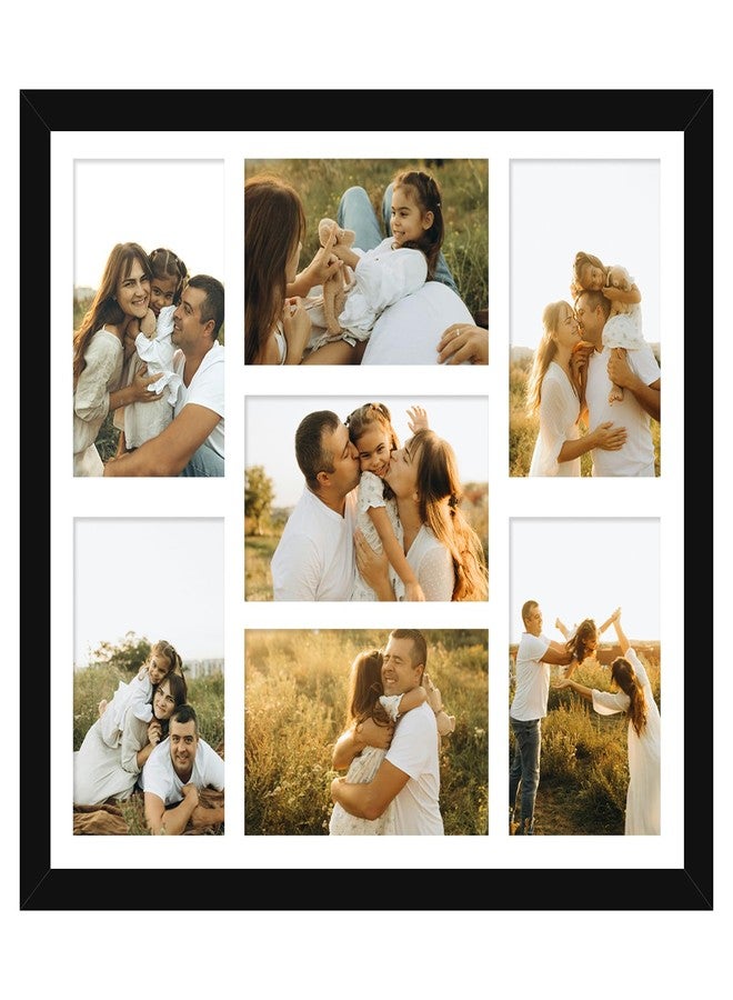 HEYTUYA 4x6 Picture Frame Collage for Wall, Display 7 Pcs 4x6 Photos with Mat or 12x14 Without Mat, 7 Opening Photo Frame for 4 x 6 Pictures with Shatter Resistant Plexiglass, White Mat, Black - Image 1