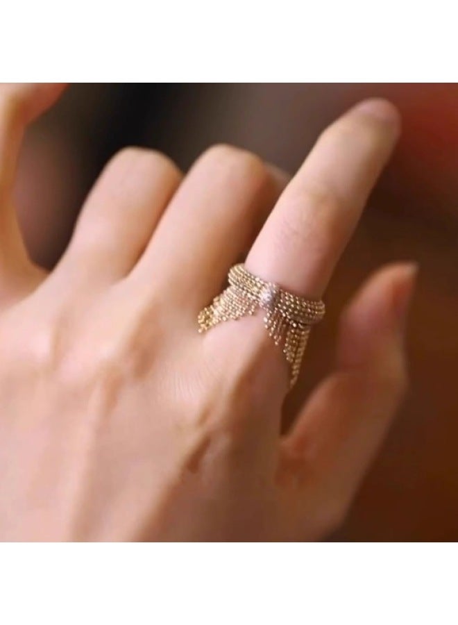Niche Luxury Tassel Ring, Heavy Craft Gold-Tone Statement Finger Ring with Crystal Accent, Fashion Jewelry for Women, Daily & Special Occasions - Image 4