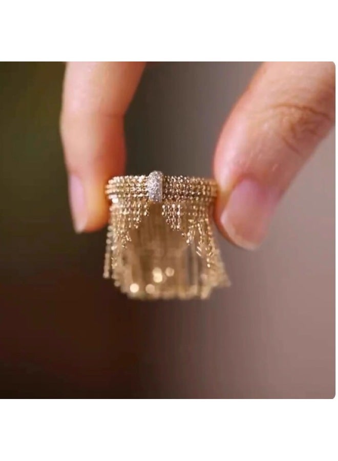 Niche Luxury Tassel Ring, Heavy Craft Gold-Tone Statement Finger Ring with Crystal Accent, Fashion Jewelry for Women, Daily & Special Occasions - Image 1