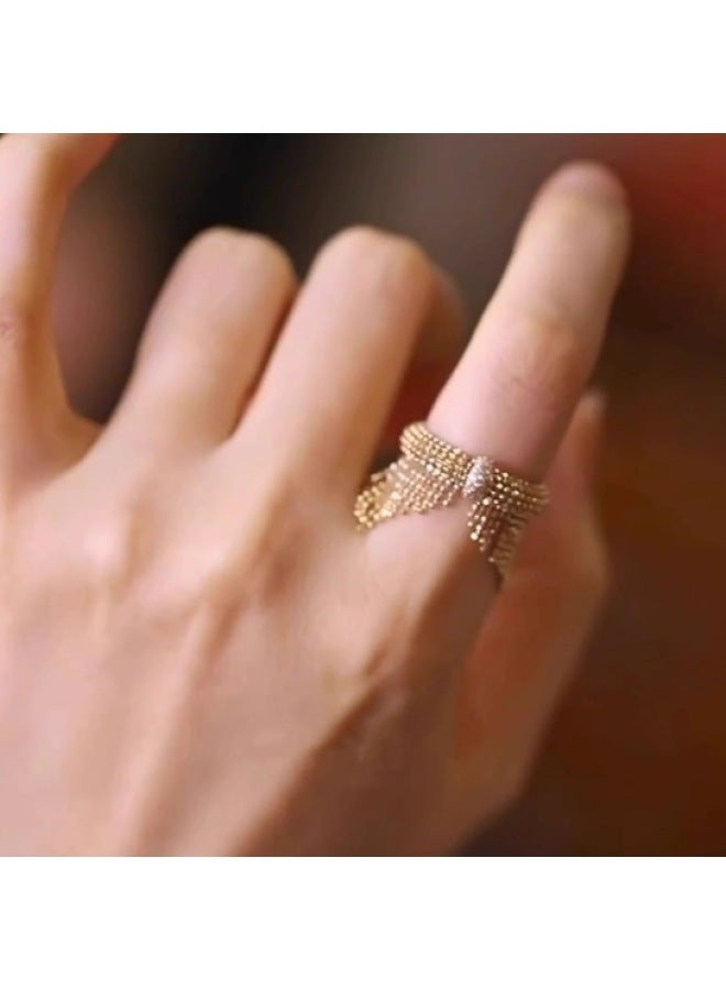 Niche Luxury Tassel Ring, Heavy Craft Gold-Tone Statement Finger Ring with Crystal Accent, Fashion Jewelry for Women, Daily & Special Occasions - Image 3