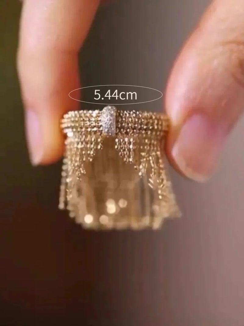 Niche Luxury Tassel Ring, Heavy Craft Gold-Tone Statement Finger Ring with Crystal Accent, Fashion Jewelry for Women, Daily & Special Occasions - Image 2