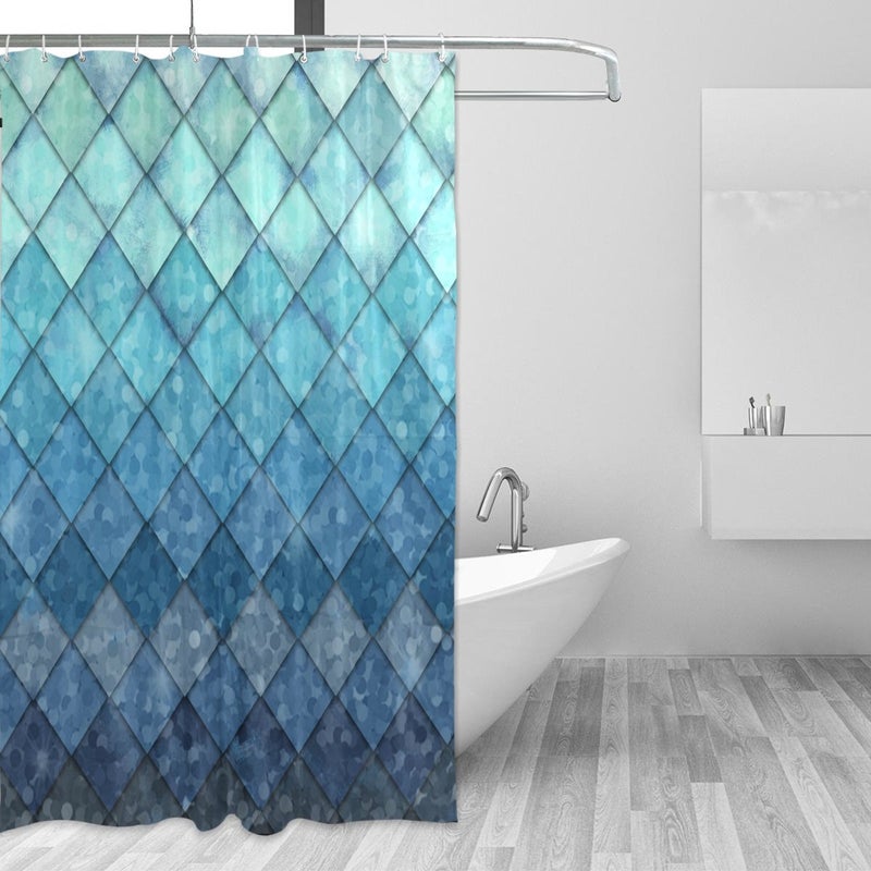 ZOEO Shower Curtain Backdrop Ocean Blue Teal Mermaid Fish Scales Geometric Rhombus Bathroom Home Decor Set Fabric Bridal Polyester Washable Waterproof 12 Hooks for Women 72x72 Inch - Image 1