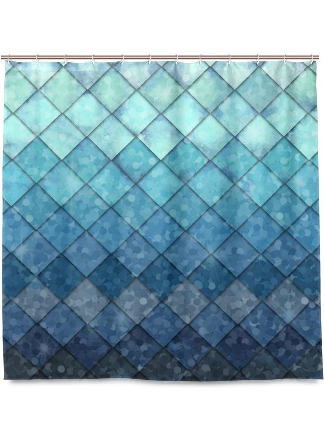 ZOEO Shower Curtain Backdrop Ocean Blue Teal Mermaid Fish Scales Geometric Rhombus Bathroom Home Decor Set Fabric Bridal Polyester Washable Waterproof 12 Hooks for Women 72x72 Inch - Image 5