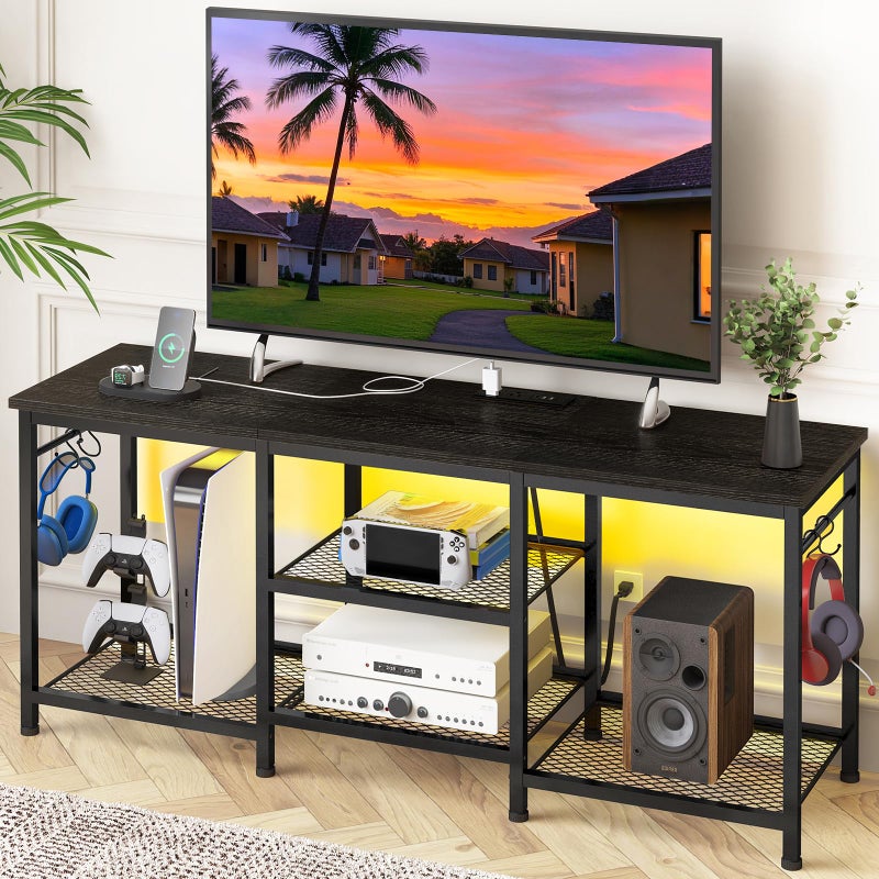 YGEOMER Black TV Stand Entertainment Center for 55 Inch TVs, with Charging Station and Lights Open Storage Shelves, TV Media Console, Open Storage Shelf with Sound Rack for Living Room, Bedroom - Image 1
