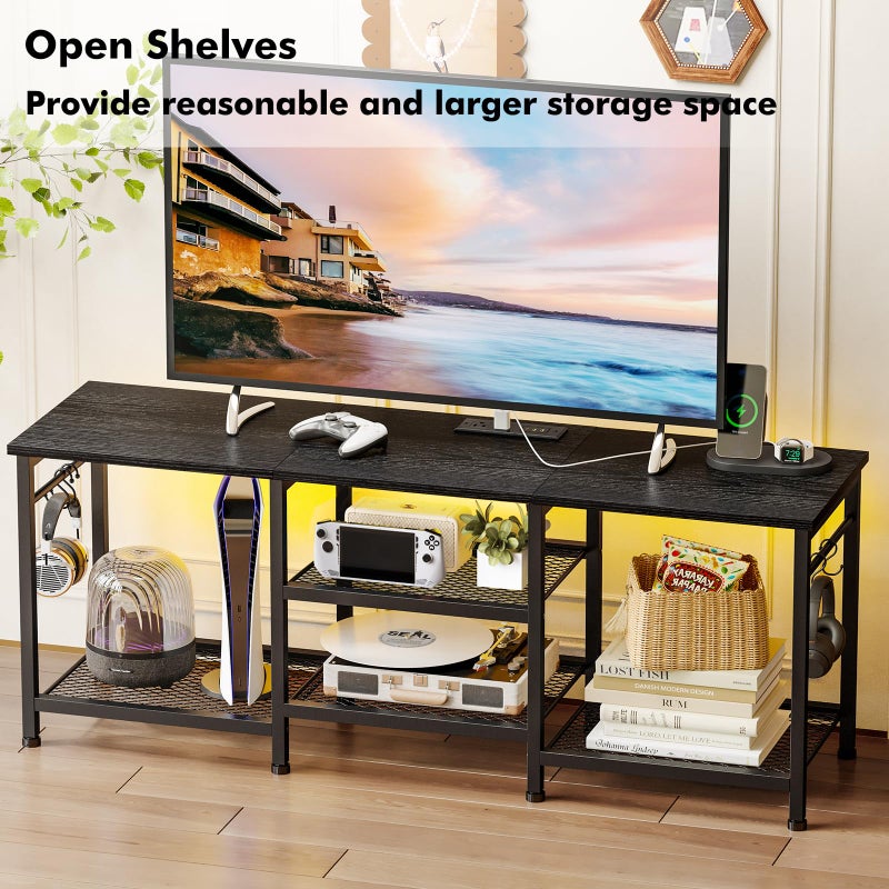 YGEOMER Black TV Stand Entertainment Center for 55 Inch TVs, with Charging Station and Lights Open Storage Shelves, TV Media Console, Open Storage Shelf with Sound Rack for Living Room, Bedroom - Image 2