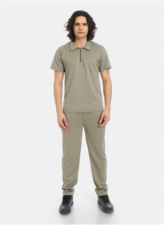 Red Circle Turn Down Collar Pique T Shirt and Pants Set  - Image 1
