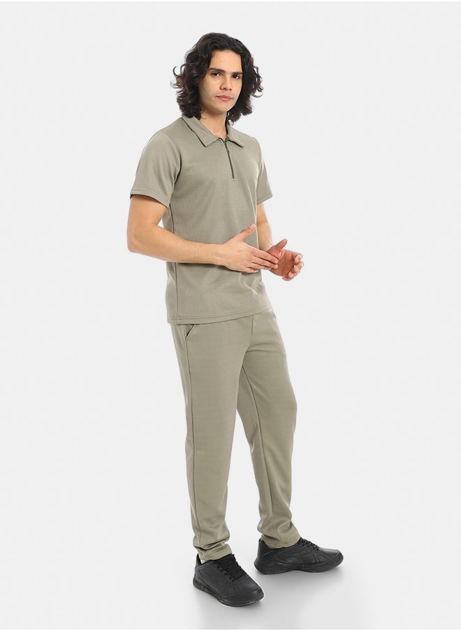Red Circle Turn Down Collar Pique T Shirt and Pants Set  - Image 2
