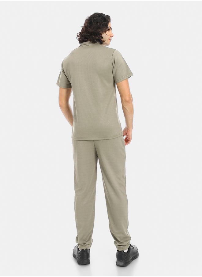 Red Circle Turn Down Collar Pique T Shirt and Pants Set  - Image 3