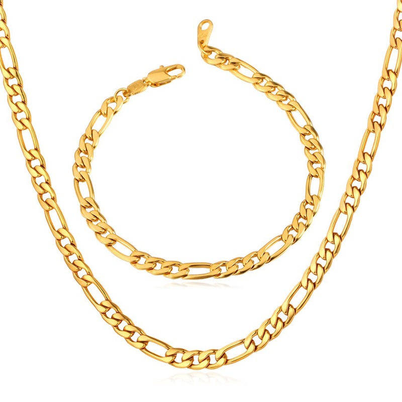 U7 5mm Figaro Chain Men Fashion Jewelry 18K Gold Plated Stainless Steel Link Bracelet & Necklace Set (8.3",20") - Image 1