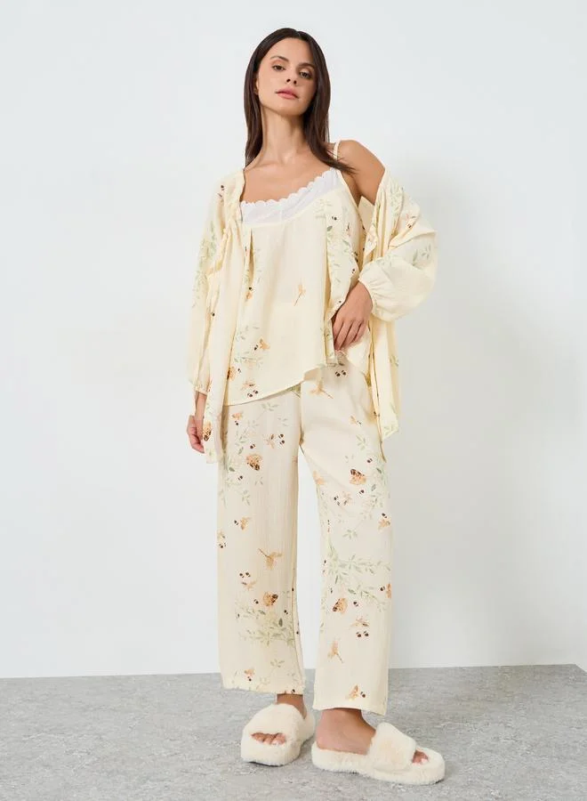 ستايلي طقم بيجامة طويل بطبعة استوائية من ثلاث قطع مع قميص بأزرار