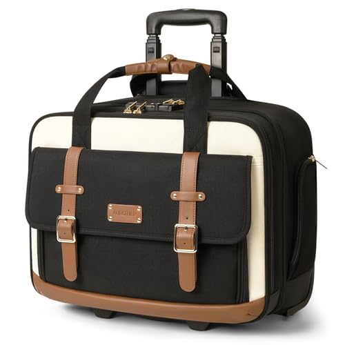 AUROTIER Rolling Laptop Bag for Men and Women, 16 Inch Computer Bag with Wheels Underseat Carry on Luggage, Laptop Briefcase Case for Work, Travel, College Teacher, Mobile Office Bag, Black Beige Brown - Image 1