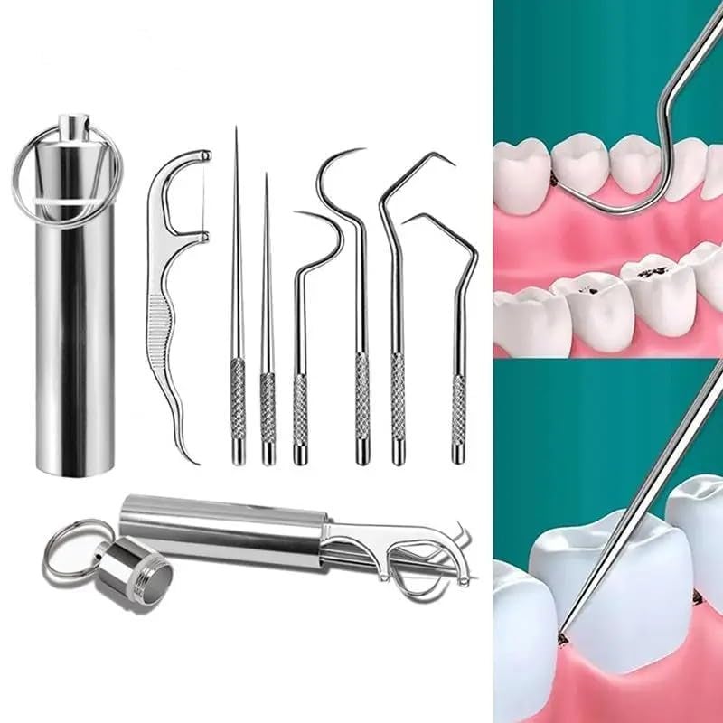 KBZONE Teeth Cleaning Tool Reusable,7 Pcs Dental Floss Toothpicks Set With Aluminum Tube,Portable Toothpicks Cleaning Picks Flosser For Personal Care Teeth Braces Cleaning Tools for Outdoor Camping Traveling - Image 1