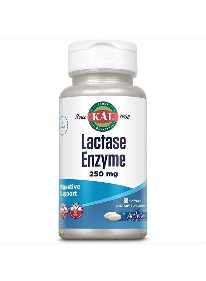 KAL Lactase Enzyme 250 mg, Healthy Digestion Support for Lactose Intolerance, Liquid-Filled ActivGels Made Without Soy, 250 FCC Units, 30 Servings, 60 SoftGels - Image 1