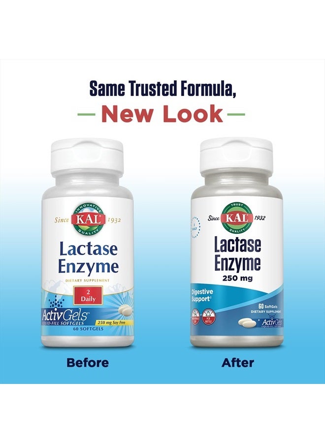 KAL Lactase Enzyme 250 mg, Healthy Digestion Support for Lactose Intolerance, Liquid-Filled ActivGels Made Without Soy, 250 FCC Units, 30 Servings, 60 SoftGels - Image 2