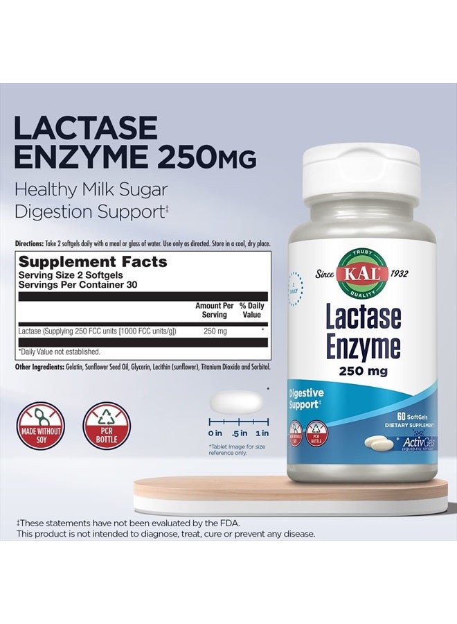 KAL Lactase Enzyme 250 mg, Healthy Digestion Support for Lactose Intolerance, Liquid-Filled ActivGels Made Without Soy, 250 FCC Units, 30 Servings, 60 SoftGels - Image 3