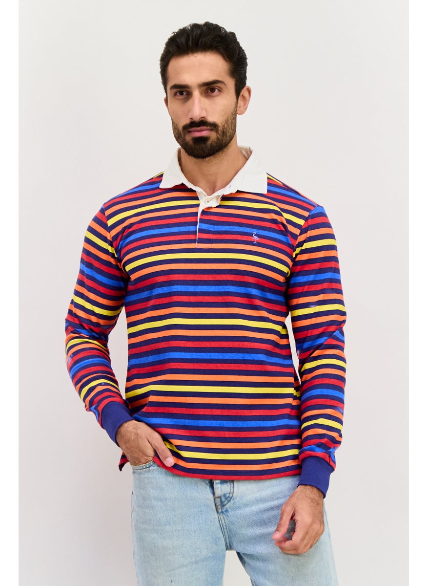 Tailorbyrd Men Regular Fit Stripe Long Sleeve Polo Shirt, Navy  - Image 1